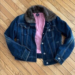 GAP Denim Jacket with Brown Faux Fur and Pink Lining